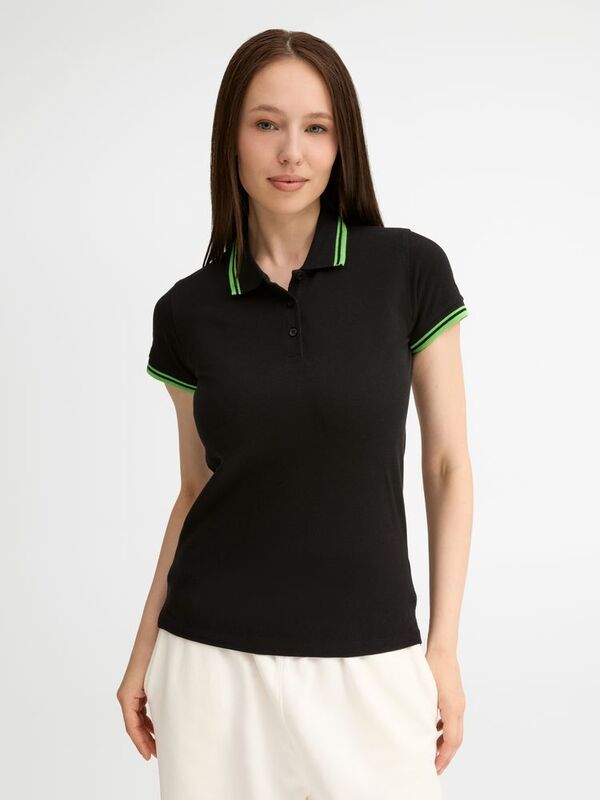 Рубашка поло женская Pasadena Women 200 с контрастной отделкой, черная с зеленым арт.5852.39