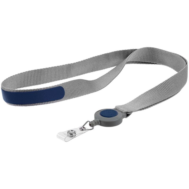 Лента для бейджа с ретрактором Devon, серая с синим арт.13761.14