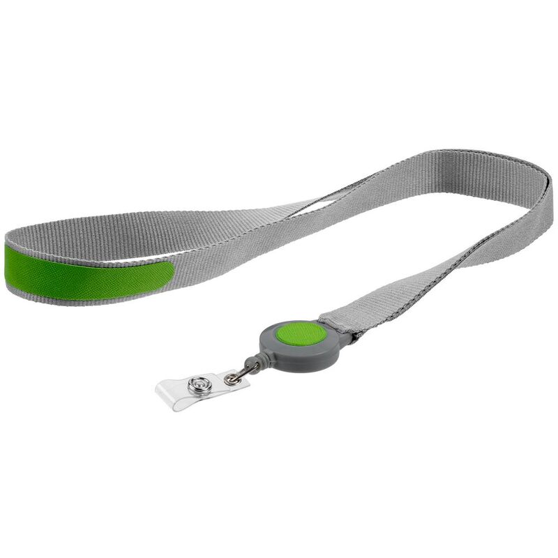 Лента для бейджа с ретрактором Devon, серая с зеленым арт.13761.19