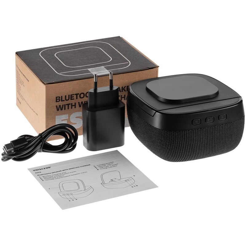 Колонка с беспроводной зарядкой Esca и подсветкой логотипа, черная арт.16305.30