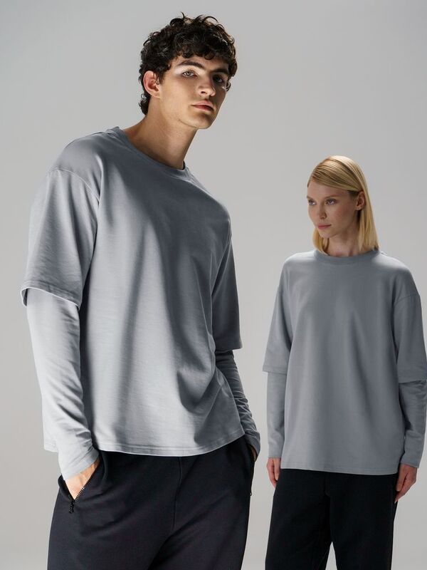 Футболка оверсайз с двойным рукавом Kosmos, светло-серая арт.19180.10