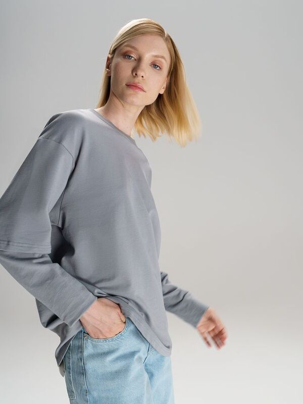 Футболка оверсайз с двойным рукавом Kosmos, светло-серая арт.19180.10