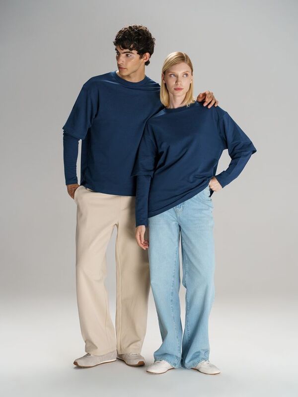 Футболка оверсайз с двойным рукавом Kosmos, темно-синяя арт.19180.40