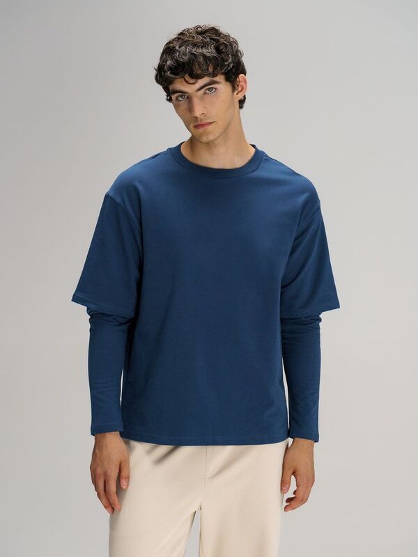 Футболка оверсайз с двойным рукавом Kosmos, темно-синяя арт.19180.40