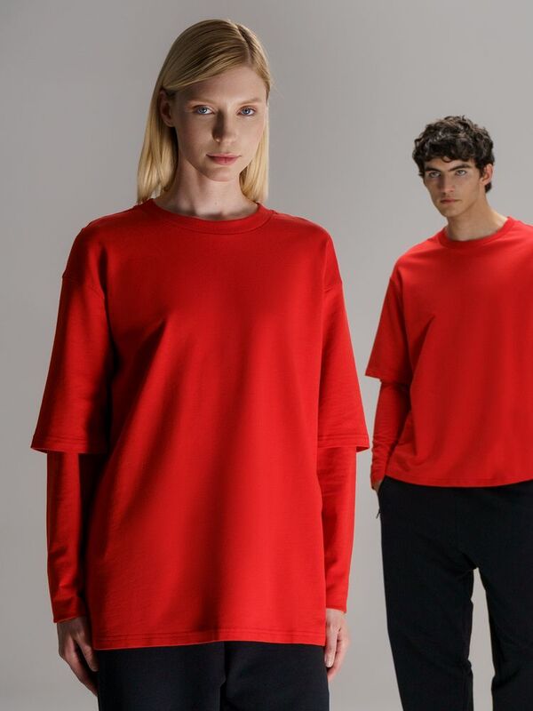 Футболка оверсайз с двойным рукавом Kosmos, красная арт.19180.50