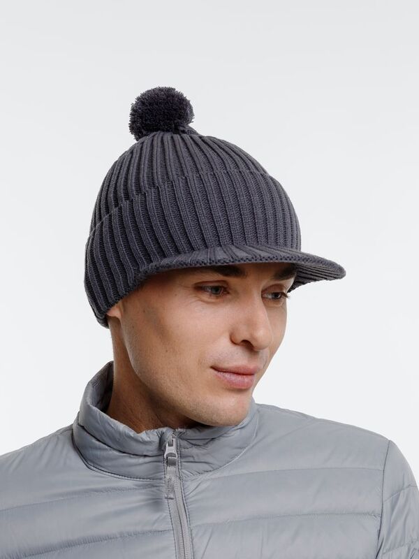 Вязаная шапка с козырьком Peaky, серая (антрацит) арт.16925.28