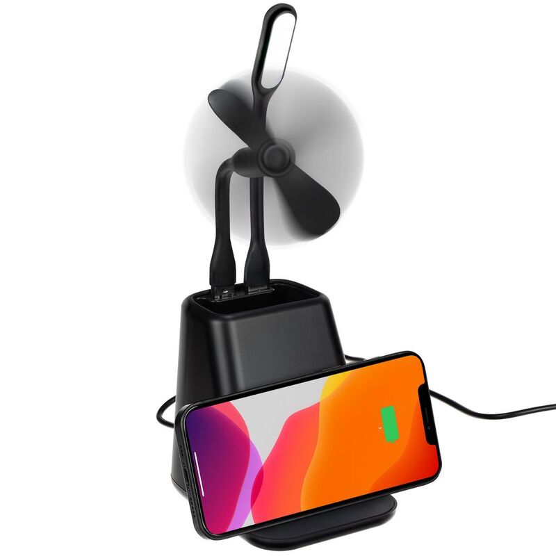 Настольный органайзер с зарядкой, лампой, вентилятором и подсветкой логотипа powerTower, черный арт.16876.30