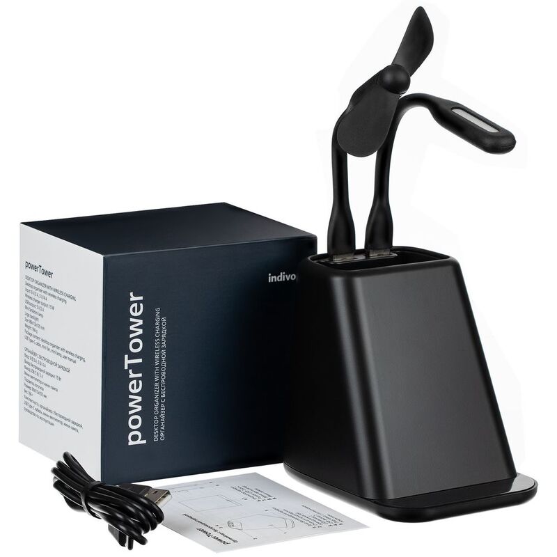 Настольный органайзер с зарядкой, лампой, вентилятором и подсветкой логотипа powerTower, черный арт.16876.30