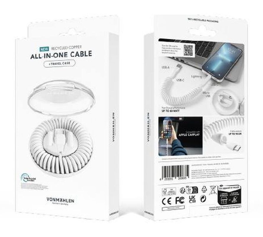 Кабель Vonmahlen Allroundo Eco для быстрой зарядки, белый арт.20777.60